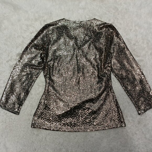 Anne Klein Women's Gold Sequin Deep V Long Sleeve Blouse Size S - Picture 3 of 10